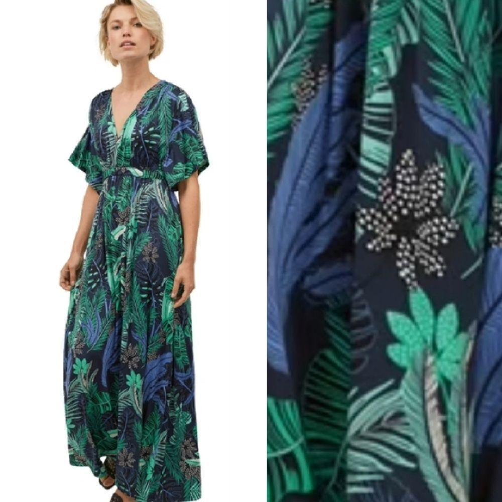 Ellos Black Green Tropical Print Tie Back Knit Maxi Dress Plus 2X (26/ 28)